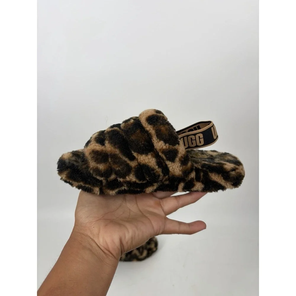 UGG Fluff Yeah Slides Girls Panther Print Slipper Slip On Brown Size 2 Fuzzy